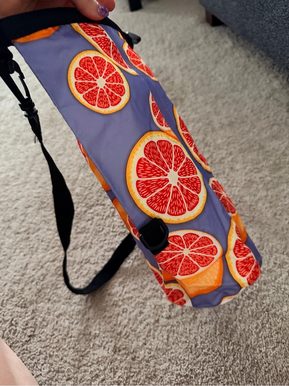 Crossbody Water Bottle Pouch Bag in Purple with Citrus Print - Picture 8 of 8